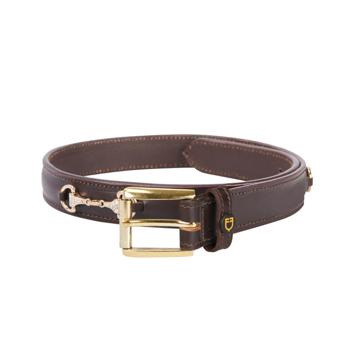 Leather belt with snaffle bits and rhinestone BROWN/GOLD