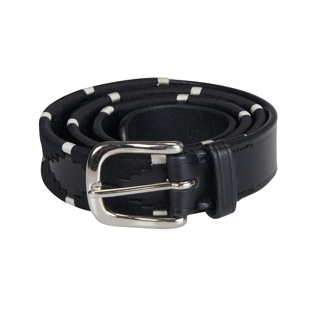 Leather belt with black and white embroidery