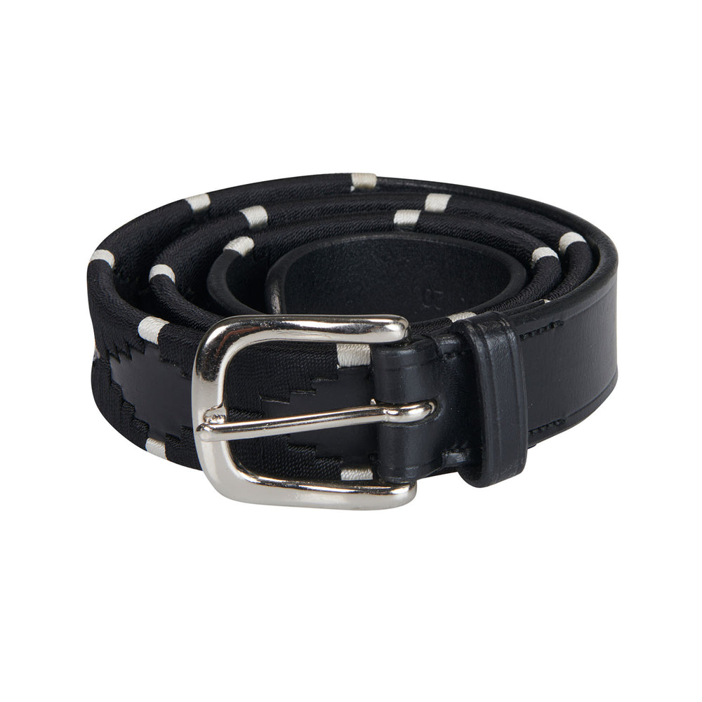 Leather belt with black and white embroidery BLACK