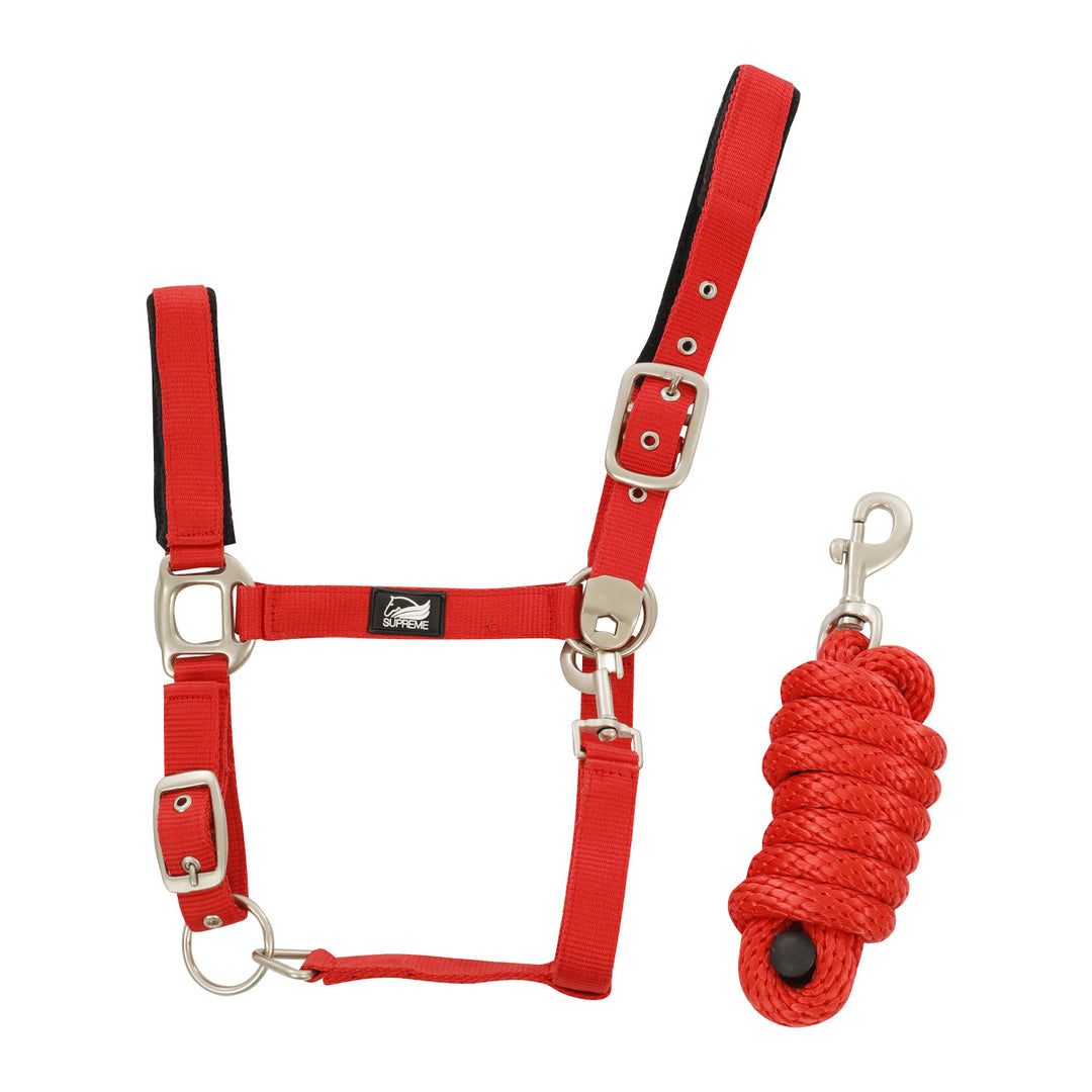 NYLON HALTER WITH LEATHER REINFORCEMENT. COMP RED
