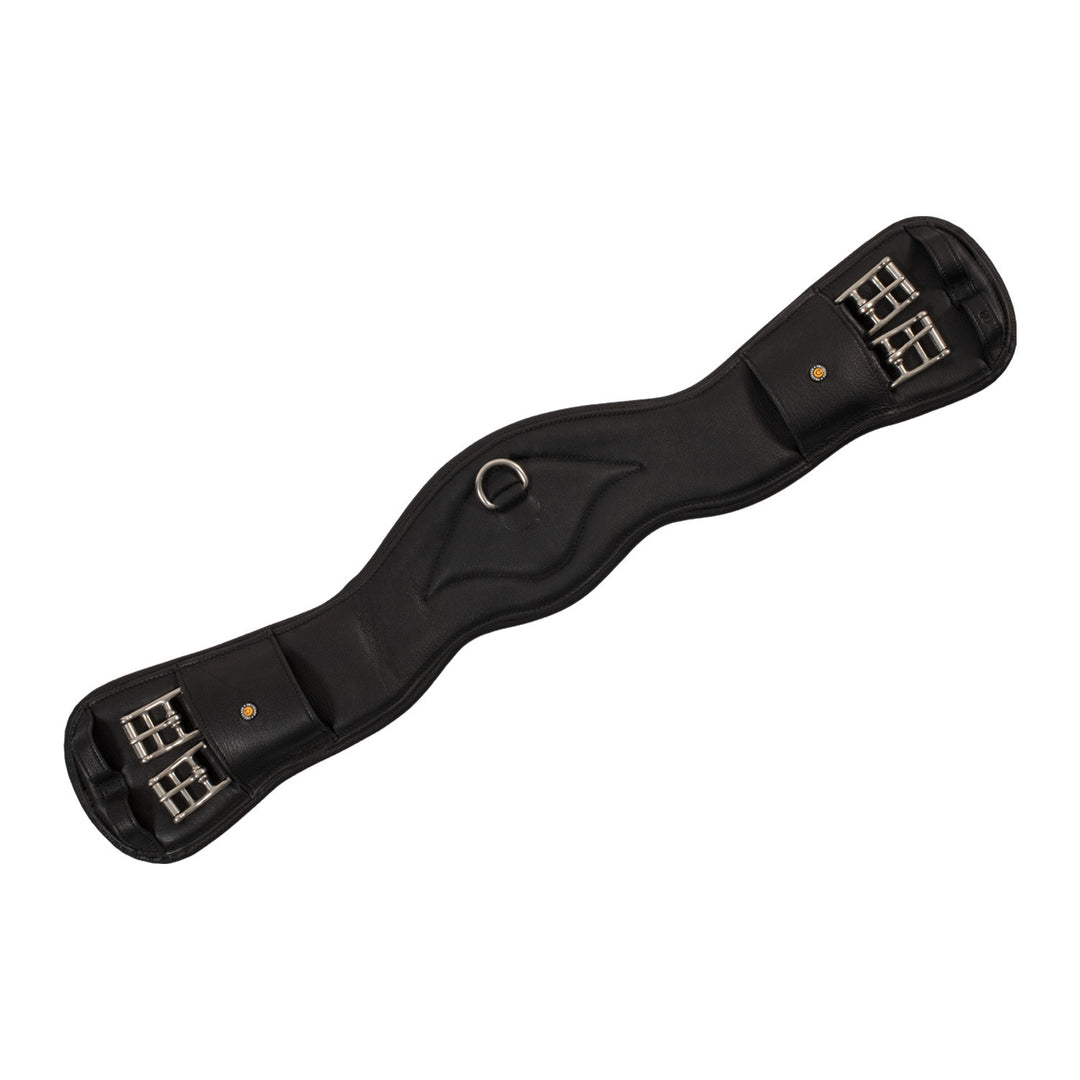 Shaped leather dressage girth with logo pin