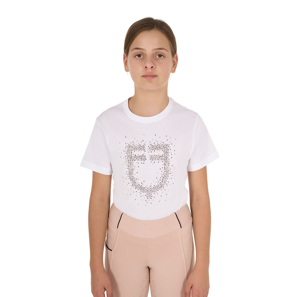 Girls' slim fit T-shirt rose glitter logo WHITE