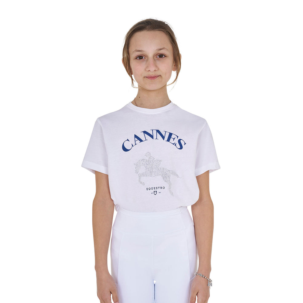 Girls' Cannes cotton T-shirt with rhinestones WHITE