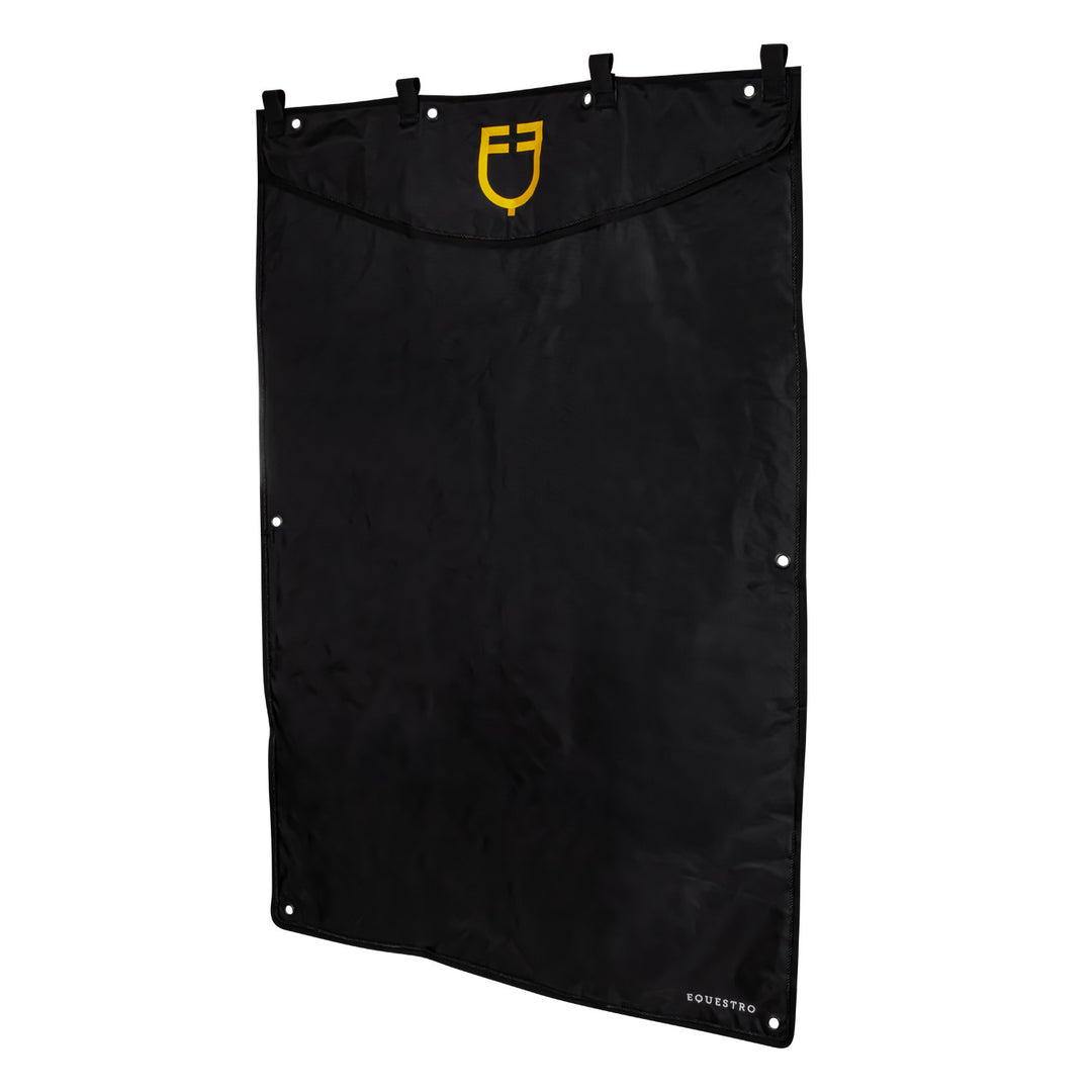 Long stable curtain with embroidered logo