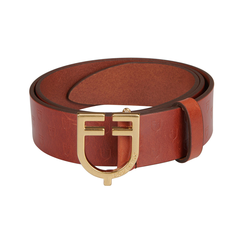 Leather logo belt with logoed buckle GOLD/COGNAC