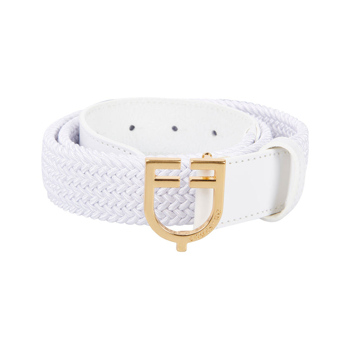 Leather elastic belt with logoed buckle GOLD/WHITE