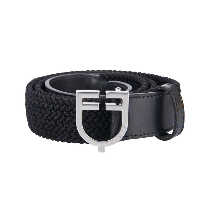 Leather elastic belt with logoed buckle SILVER/BLACK