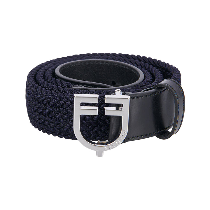 Leather elastic belt with logoed buckle SILVER/NAVY