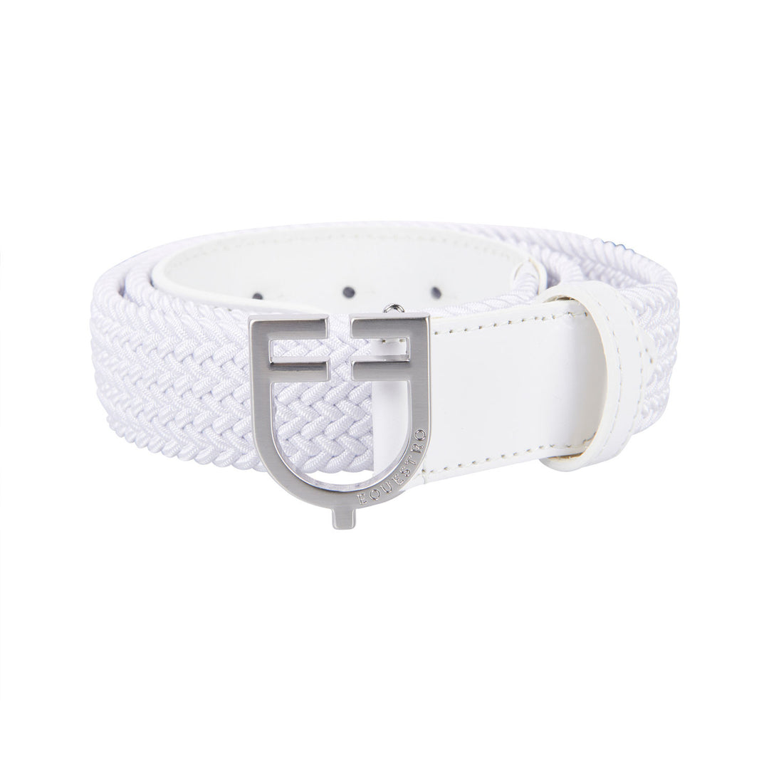 Leather elastic belt with logoed buckle SILVER/WHITE