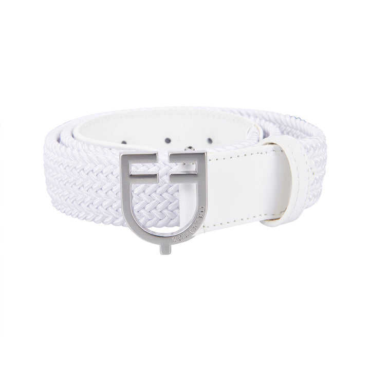 Leather elastic belt with logoed buckle SILVER/WHITE