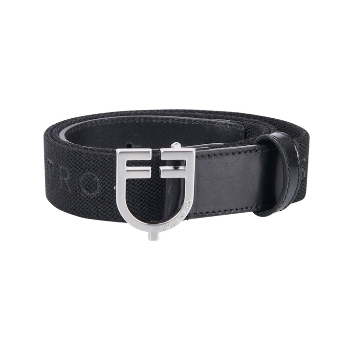 Leather belt with elastic and lettering BLACK/SILVER
