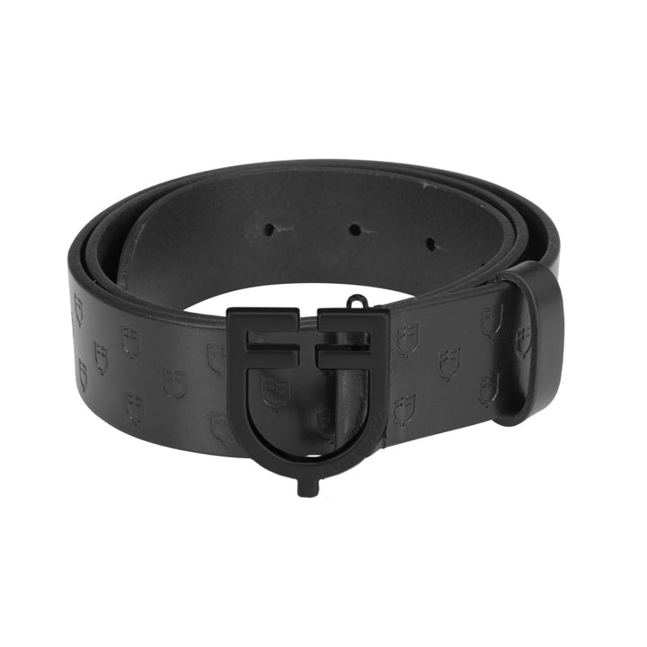 Total black leather belt with logo buckle BLACK