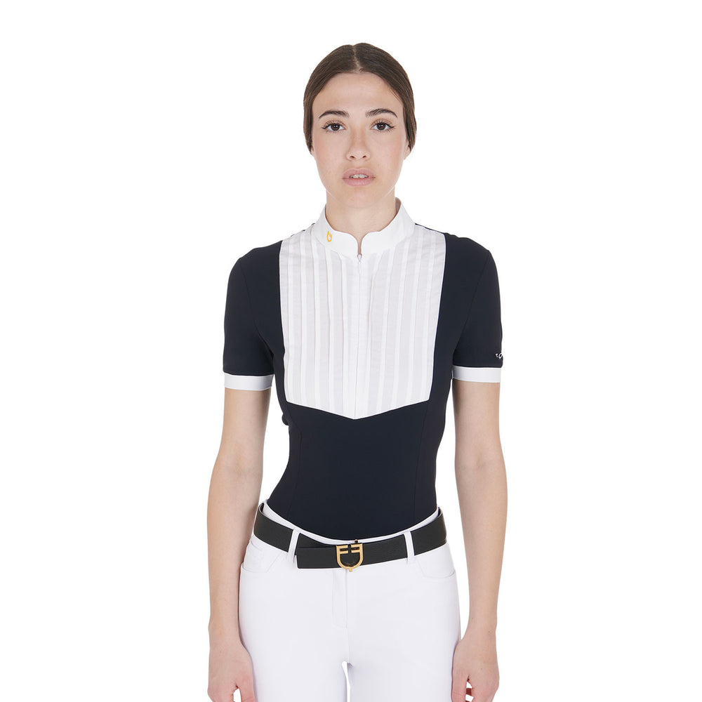 Women's slim fit pleated cotton polo shirt NAVY