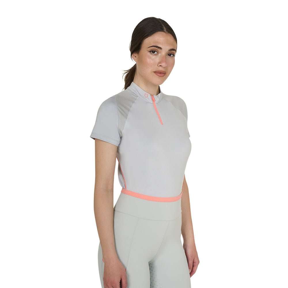 Women's slim fit technical training polo shir HARBOR MIST (14-4202)/DESERT FLOWER (15-1435)