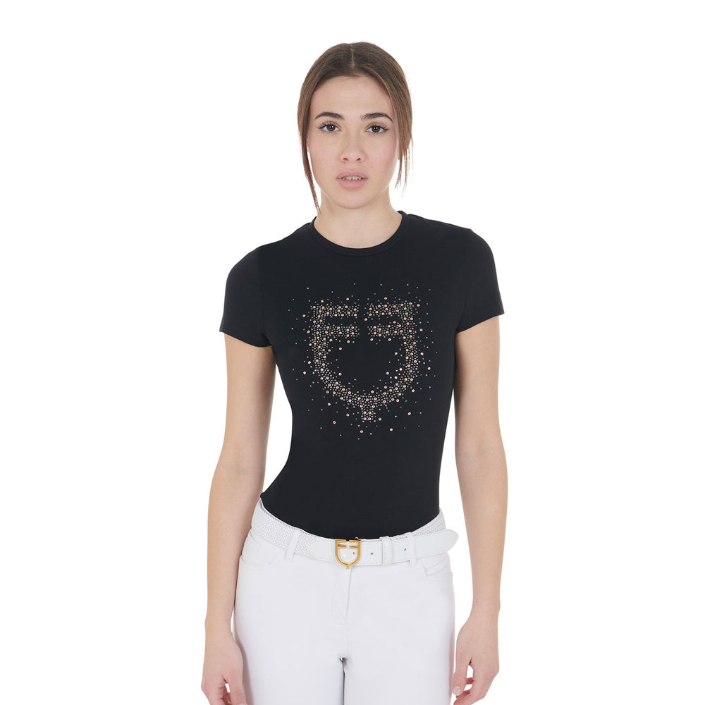 Women's slim fit T-shirt pink rhinestones BLACK