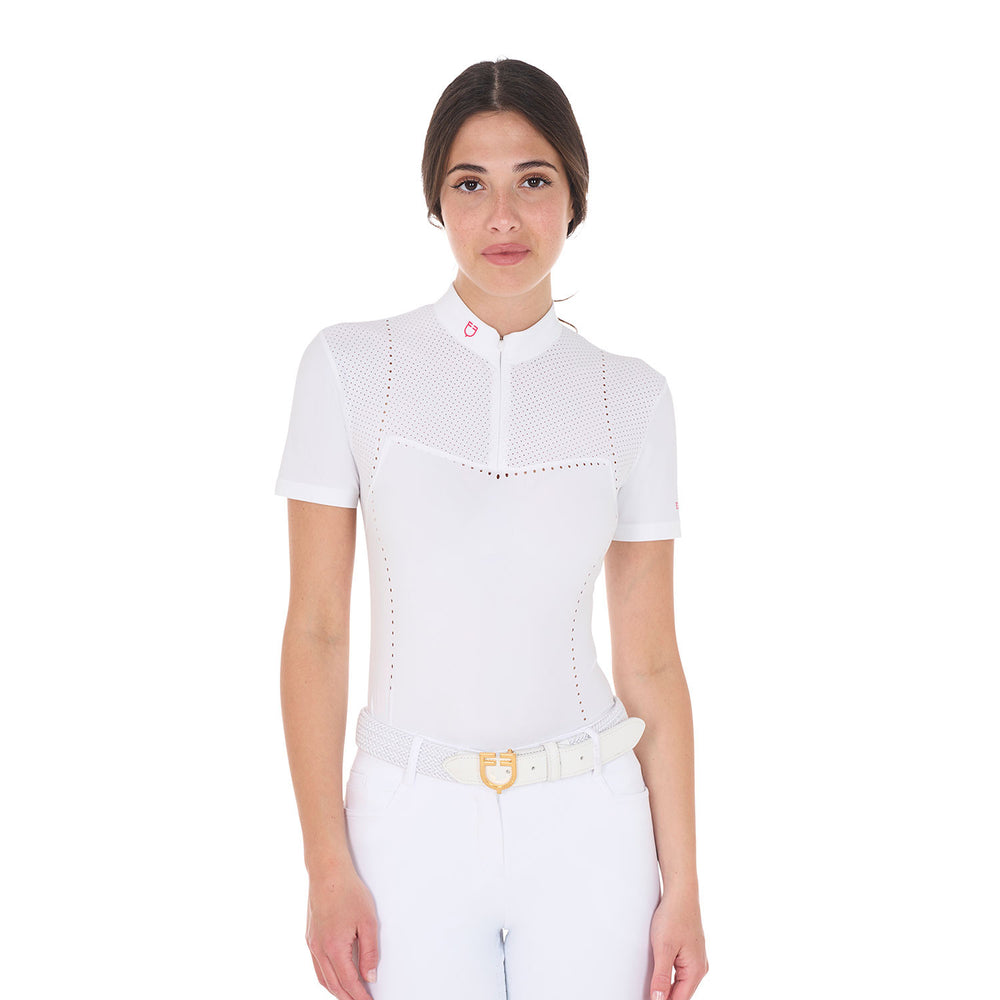 Women's slim fit zipped competition polo shir WHITE/HONEYSUCKLE (18-2120)