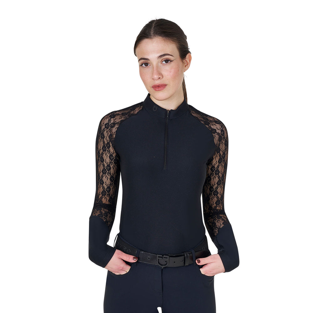 Women's lace long-sleeved training polo shirt BLACK