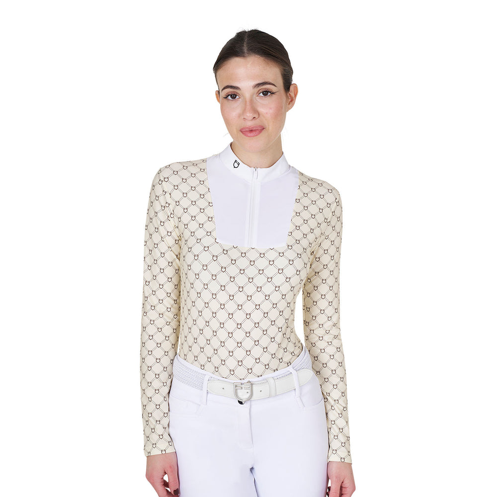 Women's long-sleeved competition polo shirt w ANTIQUE WHITE (11-0105)/WALNUT (18-1112)