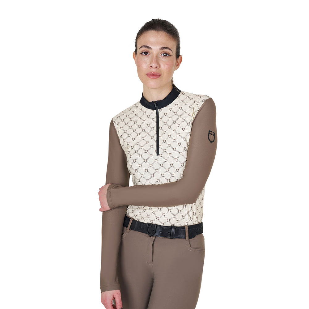 Women's long-sleeved training polo shirt with ANTIQUE WHITE (11-0105)/WALNUT (18-1112)