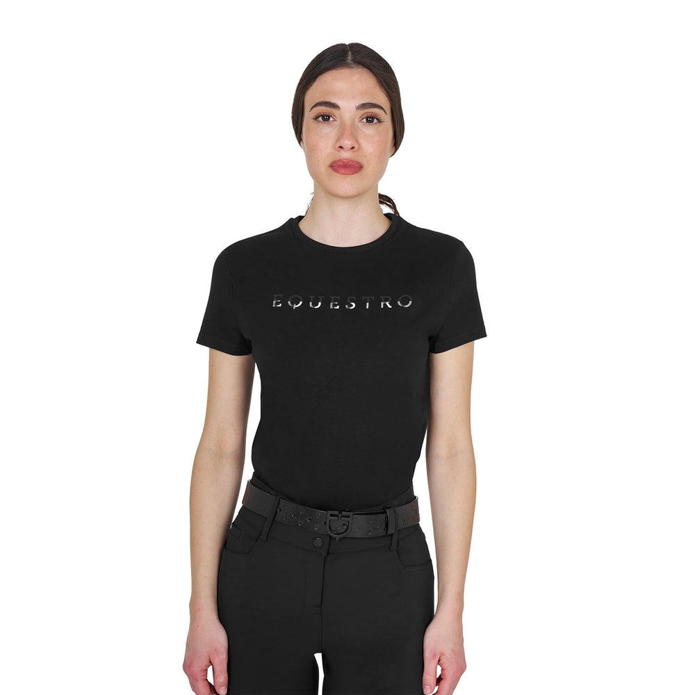 Women's cotton T-shirt with laminated logo BLACK