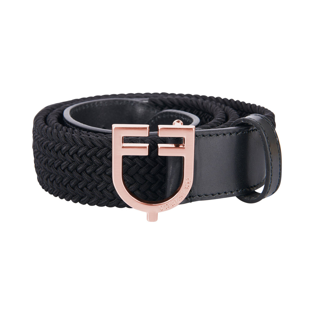 Leather elastic belt with rosegold logoed buc BLACK
