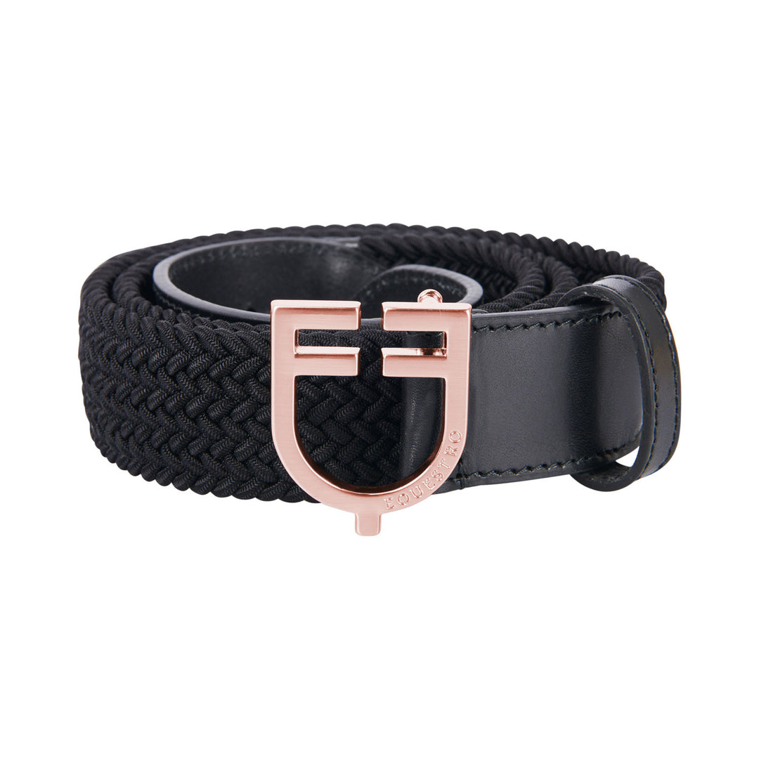 Leather elastic belt with rosegold logoed buc BLACK
