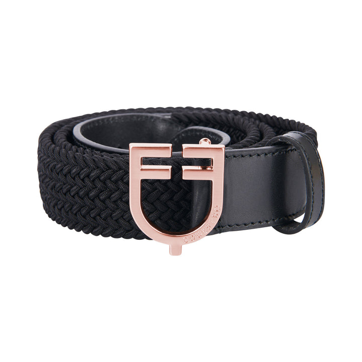 Leather elastic belt with rosegold logoed buc BLACK