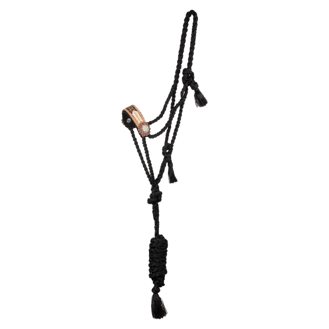 Rope halter with hand-worked leather insert BLACK