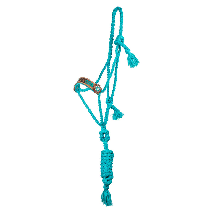 Rope halter with hand-worked leather insert TURQUOISE