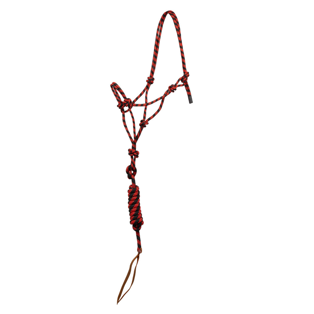 KNOTTED ROPE HALTER W/LEAD RED/BLACK