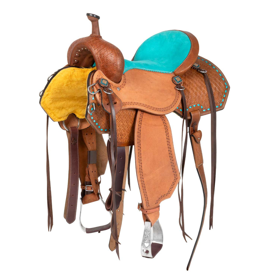 Barrel saddle with turquoise seat and basket tooling