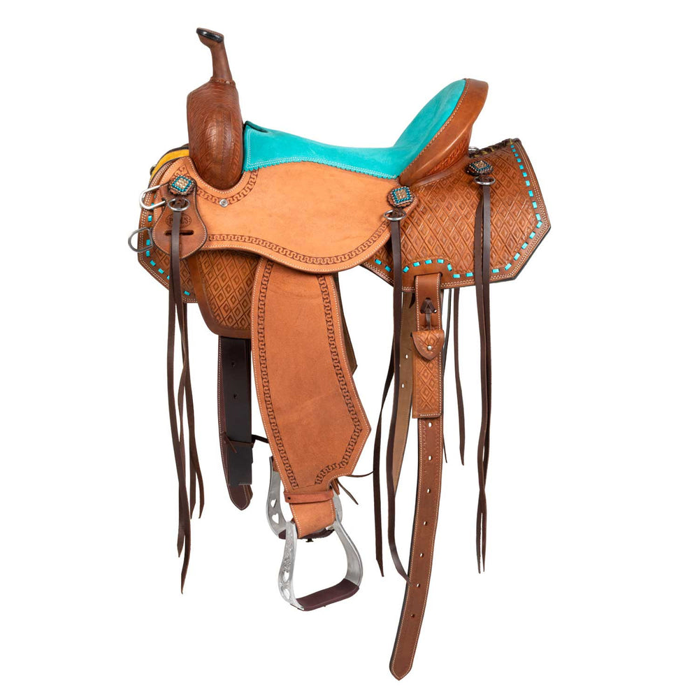 Barrel saddle with turquoise seat and basket tooling