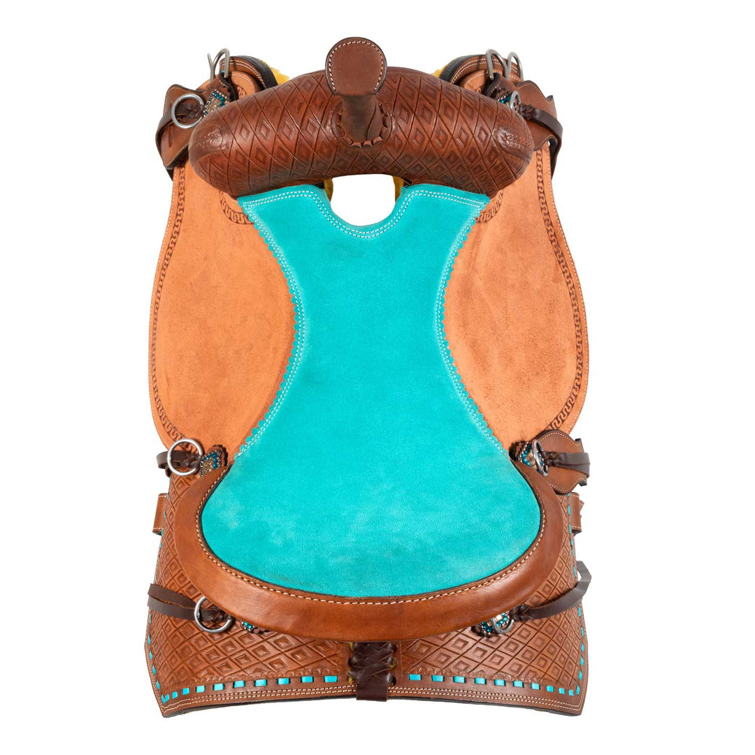 Barrel saddle with turquoise seat and basket tooling