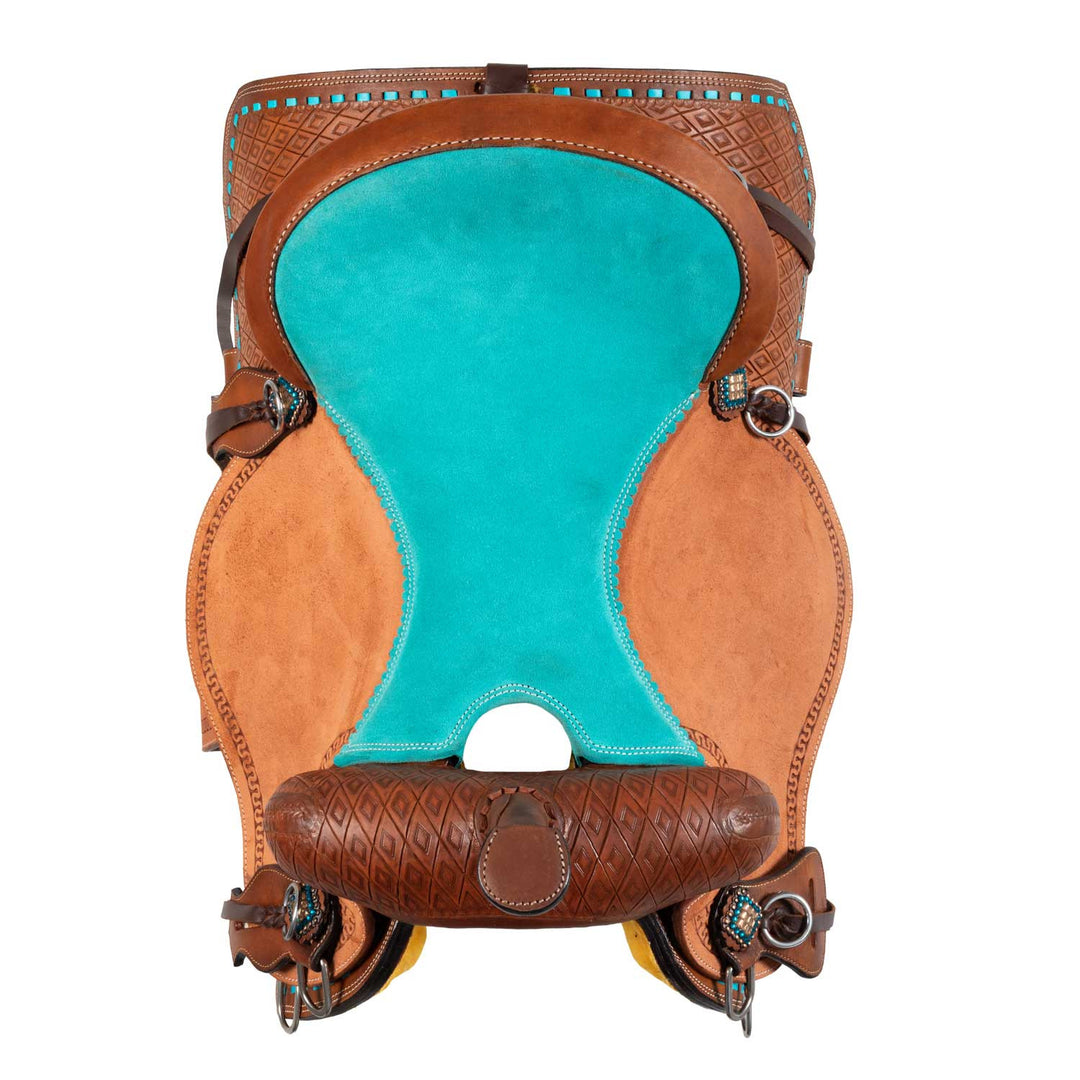 Barrel saddle with turquoise seat and basket tooling