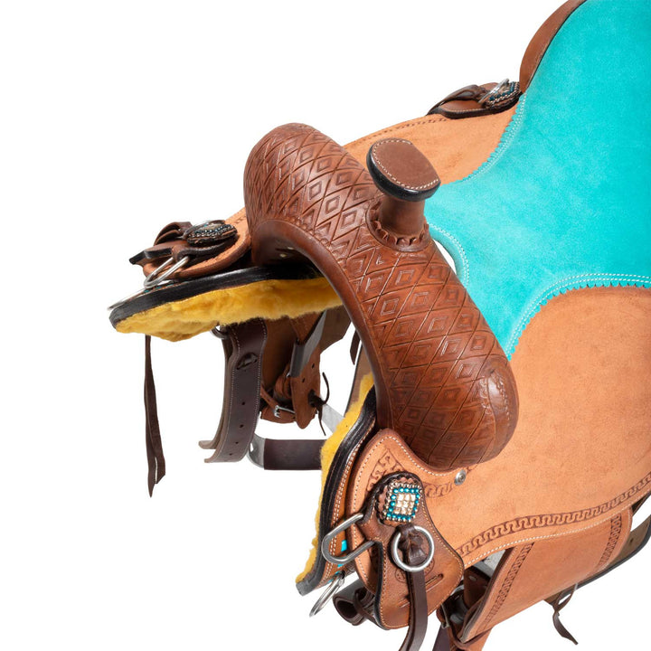 Barrel saddle with turquoise seat and basket tooling