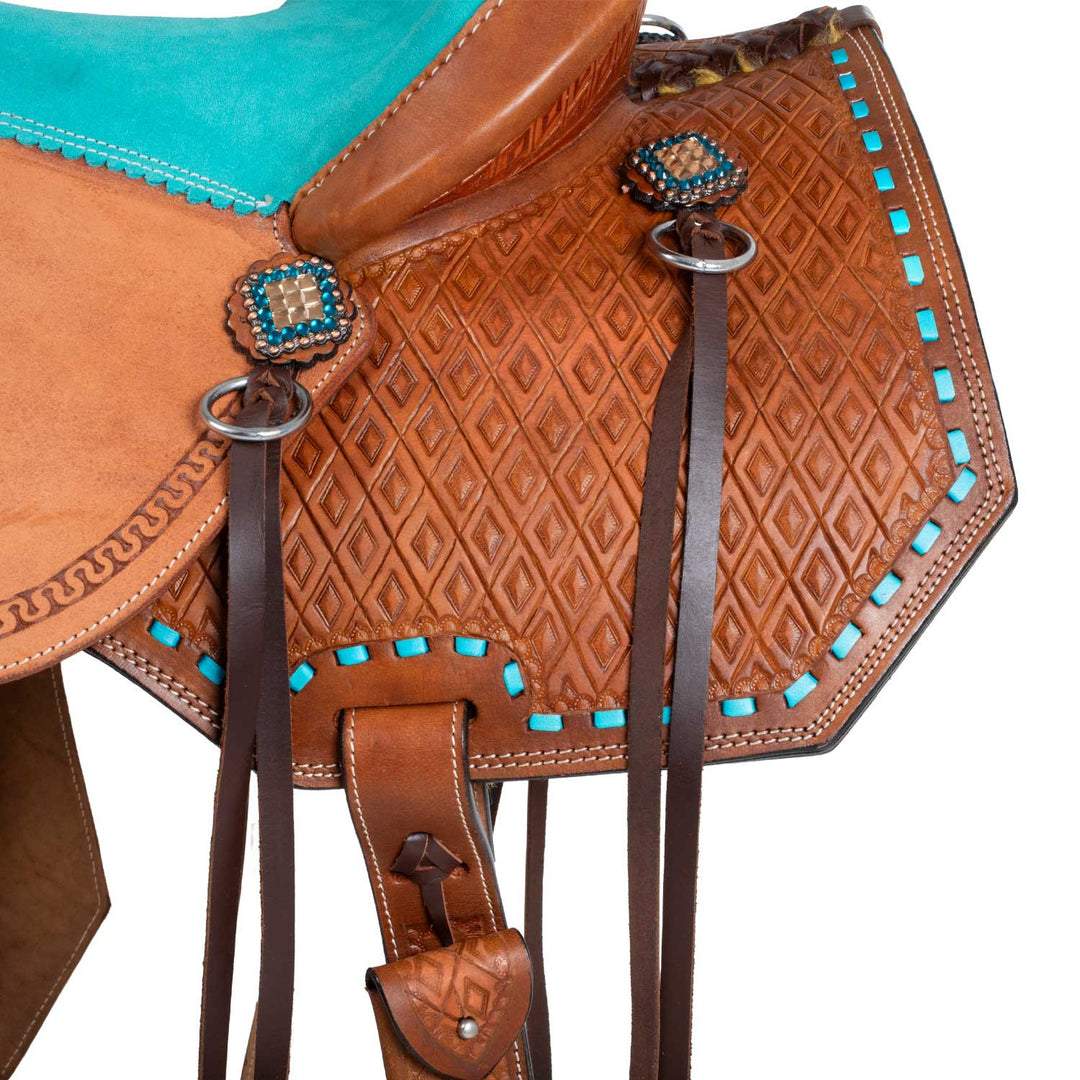Barrel saddle with turquoise seat and basket tooling