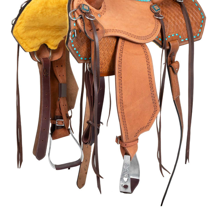 Barrel saddle with turquoise seat and basket tooling