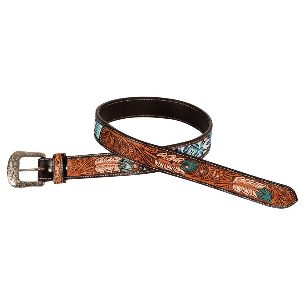 Unisex western beaded belt with feather engra NATURAL/WHITE/TURQUOISE