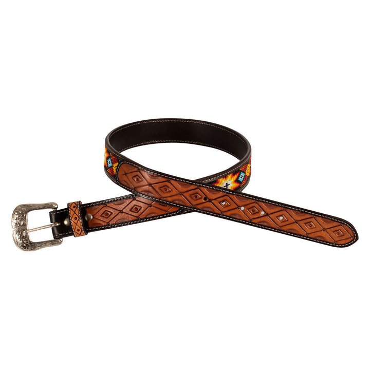 Unisex western beaded belt and brass buckle NATURAL/TURQUOISE/ORANGE