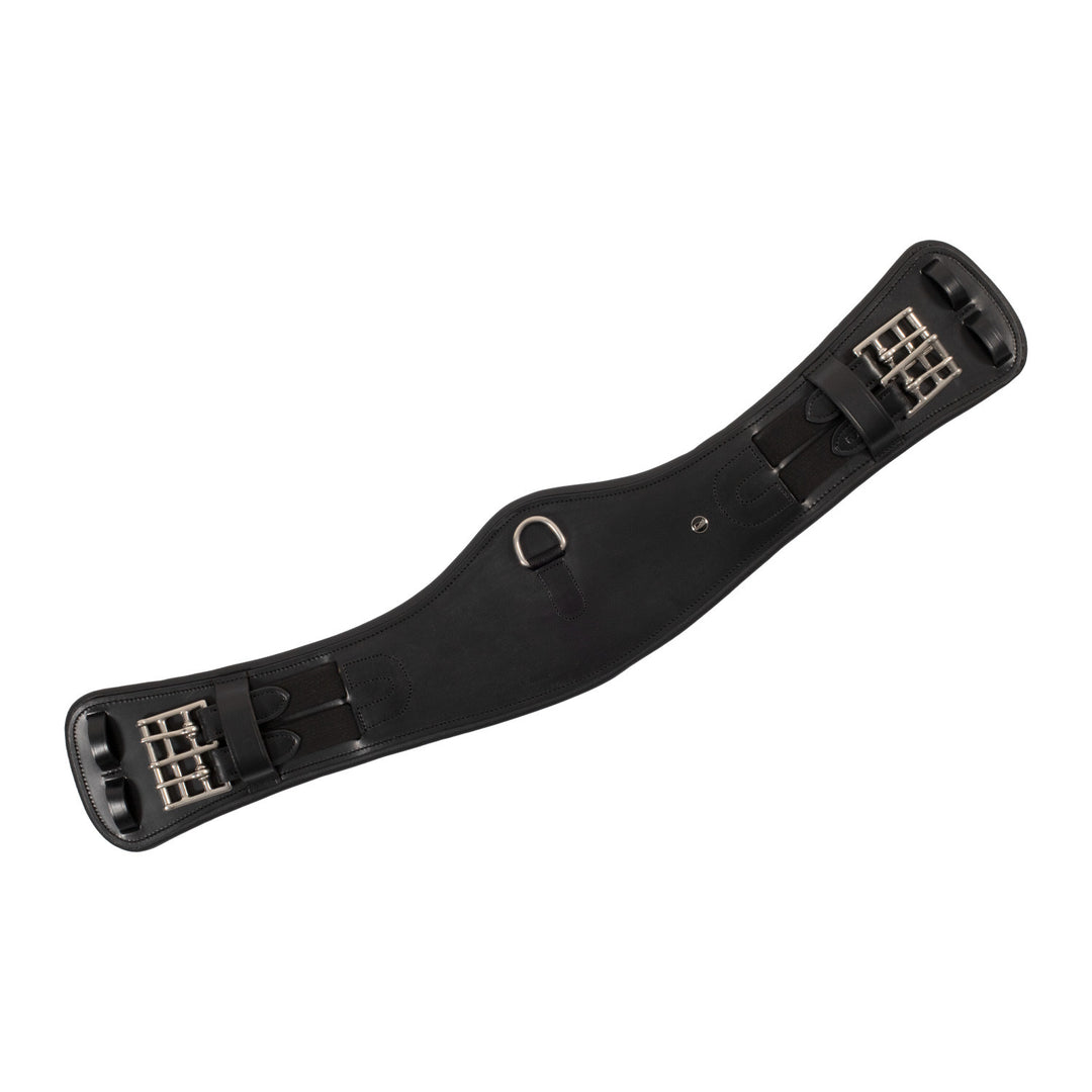 Shaped leather dressage girth with logo pin