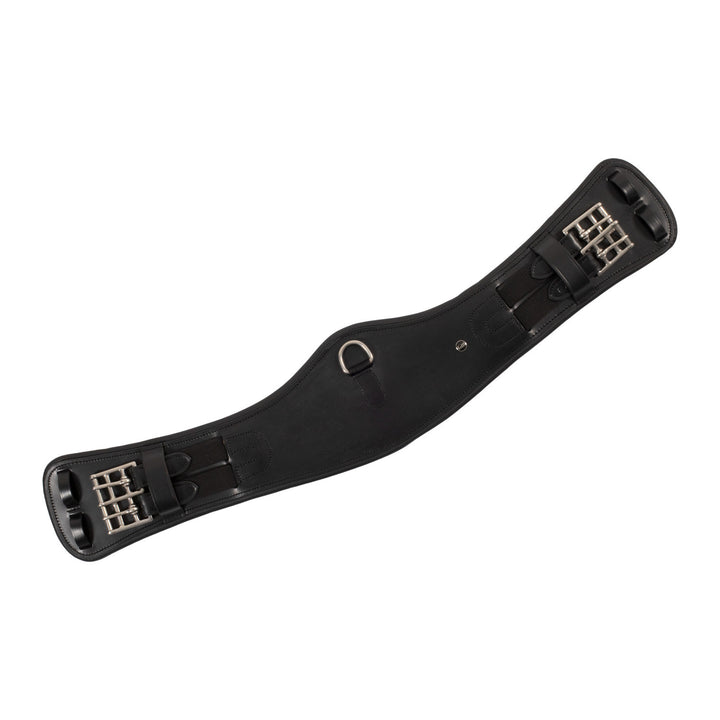 Shaped leather dressage girth with logo pin