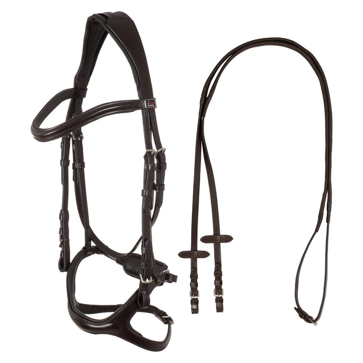 Snaffle bridle with anatomical curved noseband